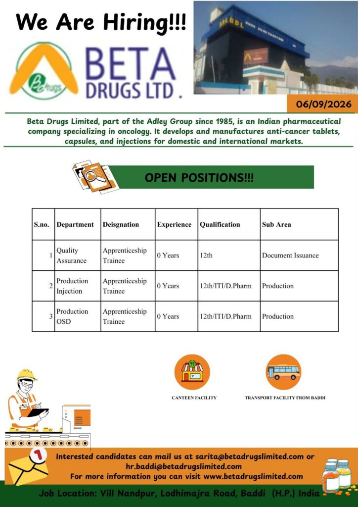 Beta Drugs Limited Recruitment – Apprenticeship Trainee Jobs
