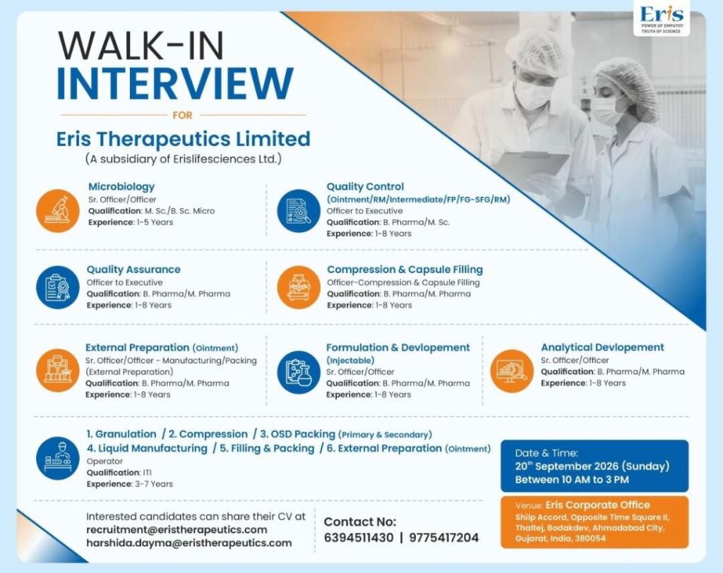 Eris Therapeutics Limited Hiring – Walk-In Interview 2026