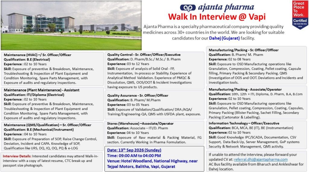 Ajanta Pharma Walk-In Interview 2026 – Multiple Vacancies