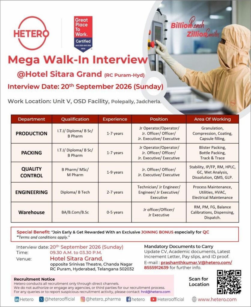 Hetero Mega Walk-In Interview 2026