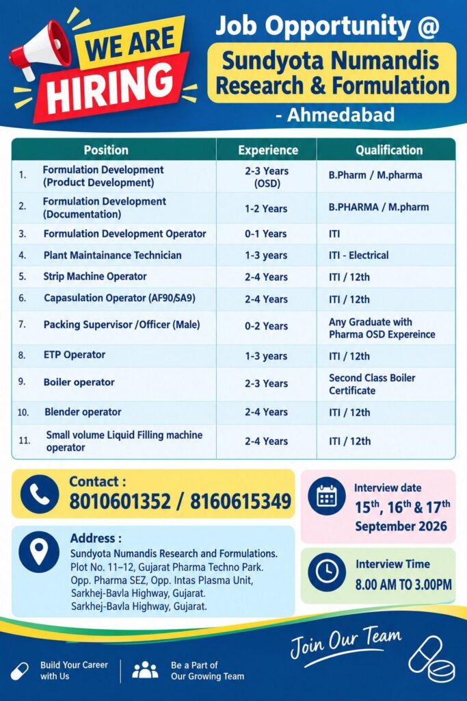 Sundyota Numandis Research & Formulations – Multiple Job Vacancies in Ahmedabad