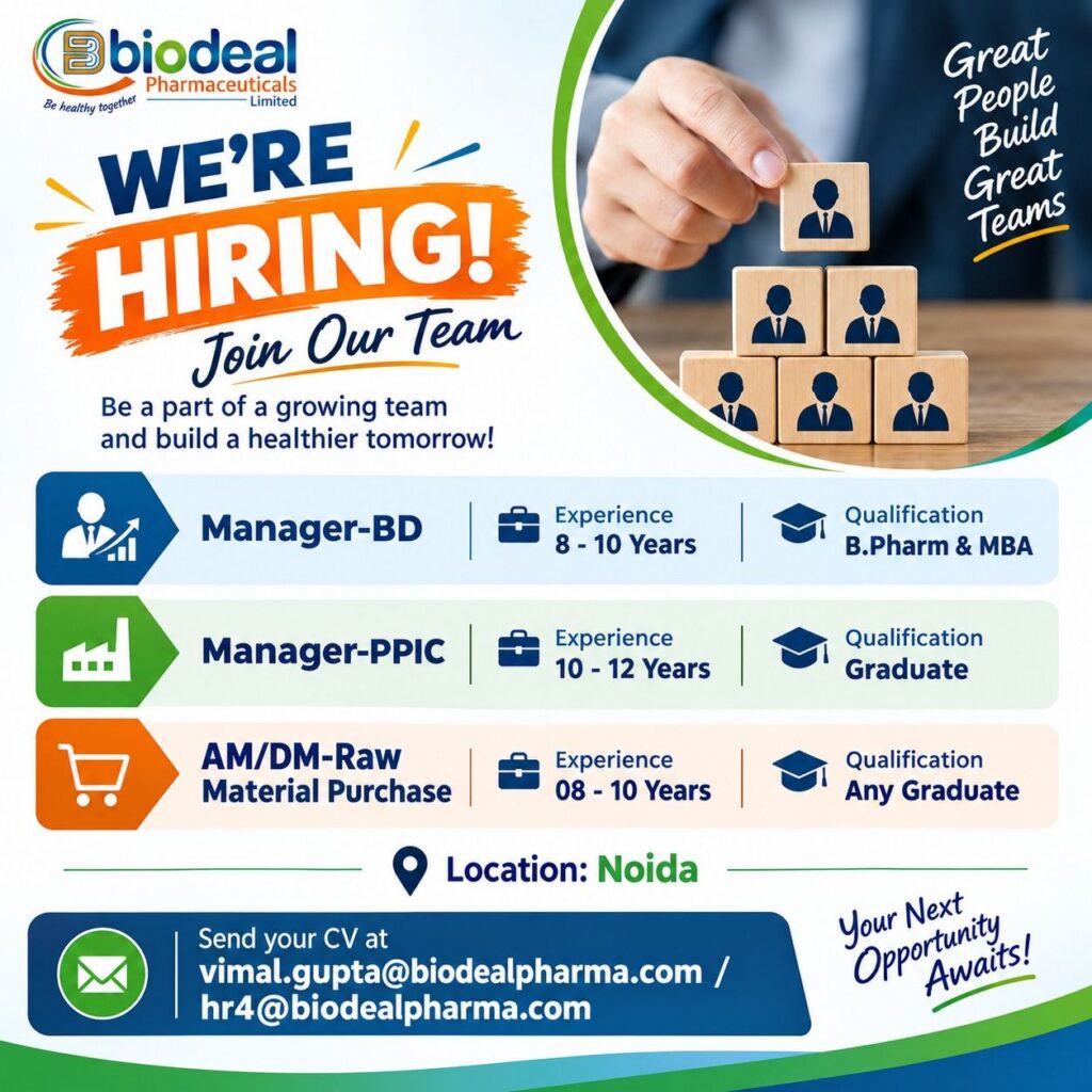 Biodeal Pharmaceuticals Recruitment| Manager, PPIC & Purchase Jobs in Noida