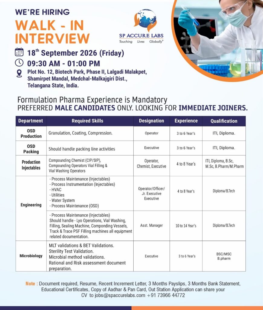 SP Accure Labs Walk-In Interview | Pharma Jobs in Hyderabad