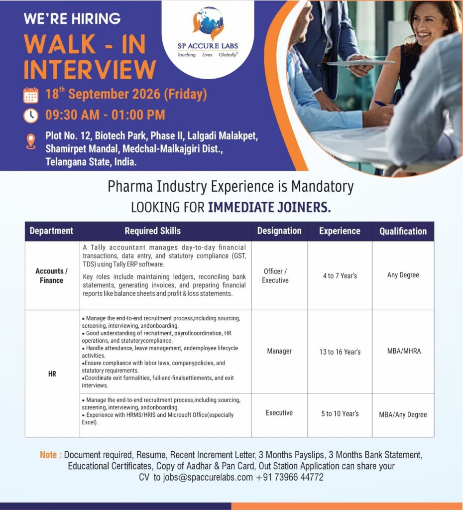 SP Accure Labs Walk-In Interview | Pharma Jobs in Hyderabad