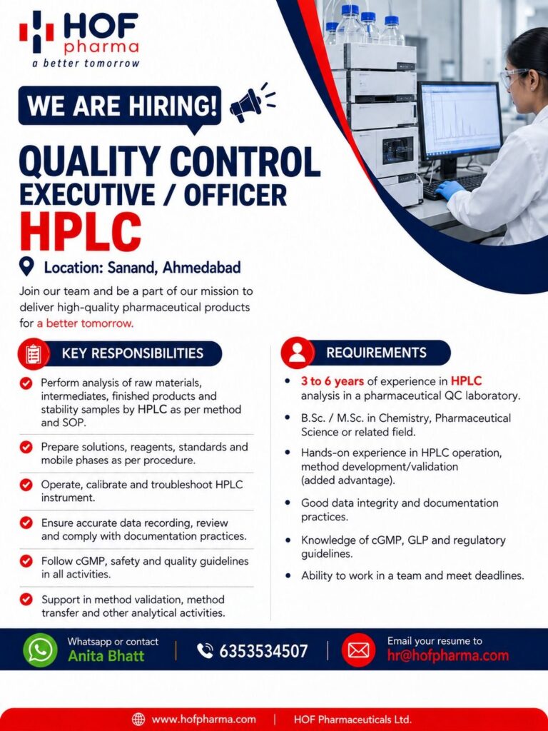 HOF Pharma Jobs 2026: Quality Control Executive/ Officer – HPLC Jobs