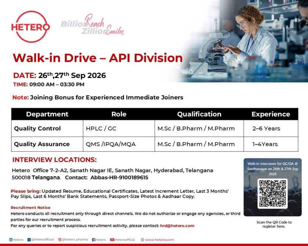 Hetero Walk-In Interview 2026 for QC & QA Jobs