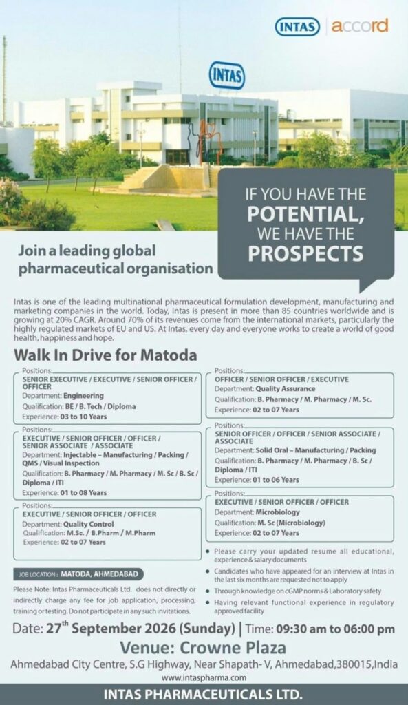 Intas Pharmaceuticals Walk-In Interview 2026