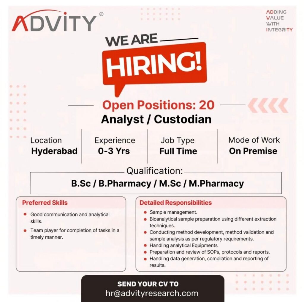 Advity Research Hiring 2026: Analyst / Custodian Jobs in Hyderabad