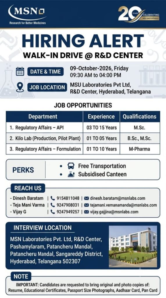 MSN Laboratories Recruitment 2026: Walk-In Drive