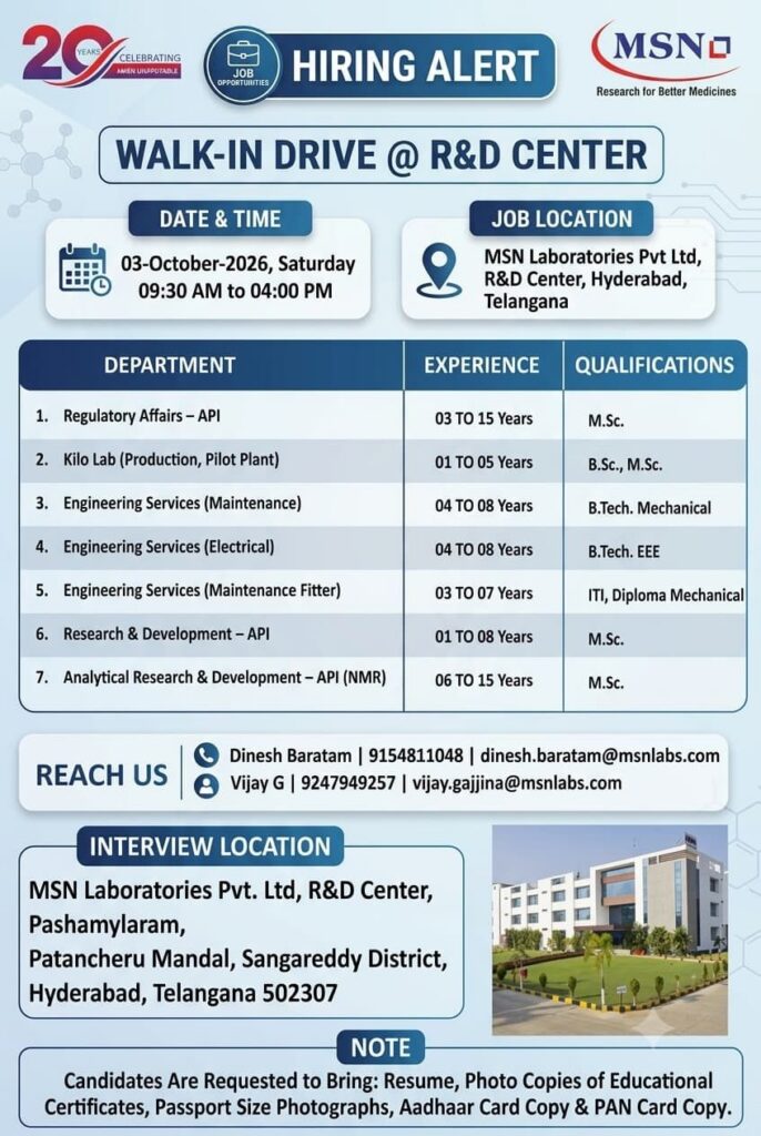 MSN Laboratories Walk-In Interview 2026 – Multiple Vacancies