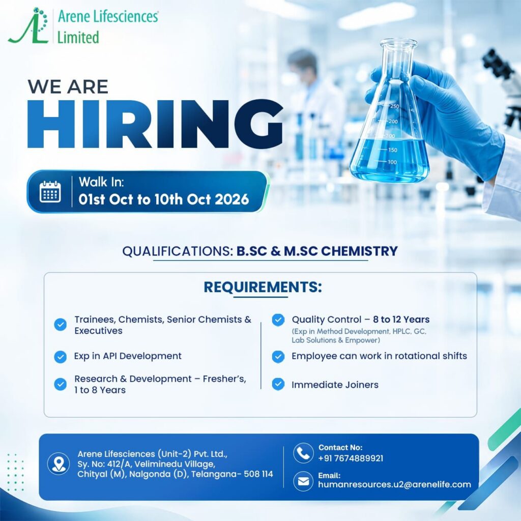 Arene Lifesciences Walk-In Interview 2026 – B.Sc/M.Sc Chemistry Jobs