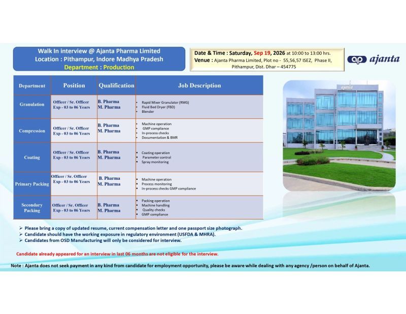 Ajanta Pharma Walk-In Interview 2026 | Production Jobs in Pithampur
