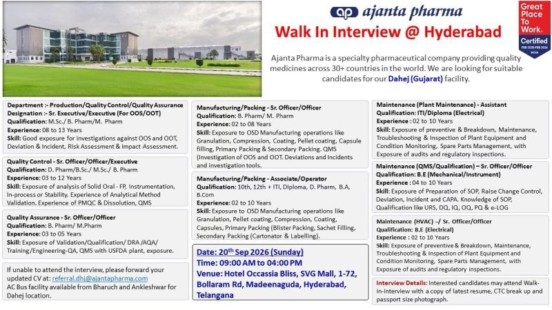 Ajanta Pharma Walk-In Interview 2026 – Production, QC, QA & Maintenance Jobs