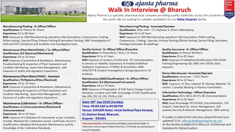Ajanta Pharma Walk-In Interview  – Multiple Job Openings at Dahej, Gujarat