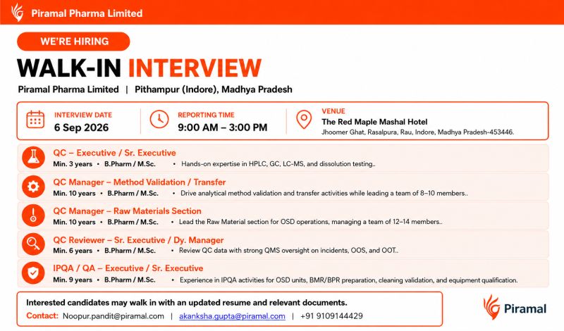 Piramal Pharma Walk-In Interview | QC & QA Jobs in Pithampur, Indore Piramal Pharma Walk-In Interview | QC & QA Jobs in Pithampur, Indore