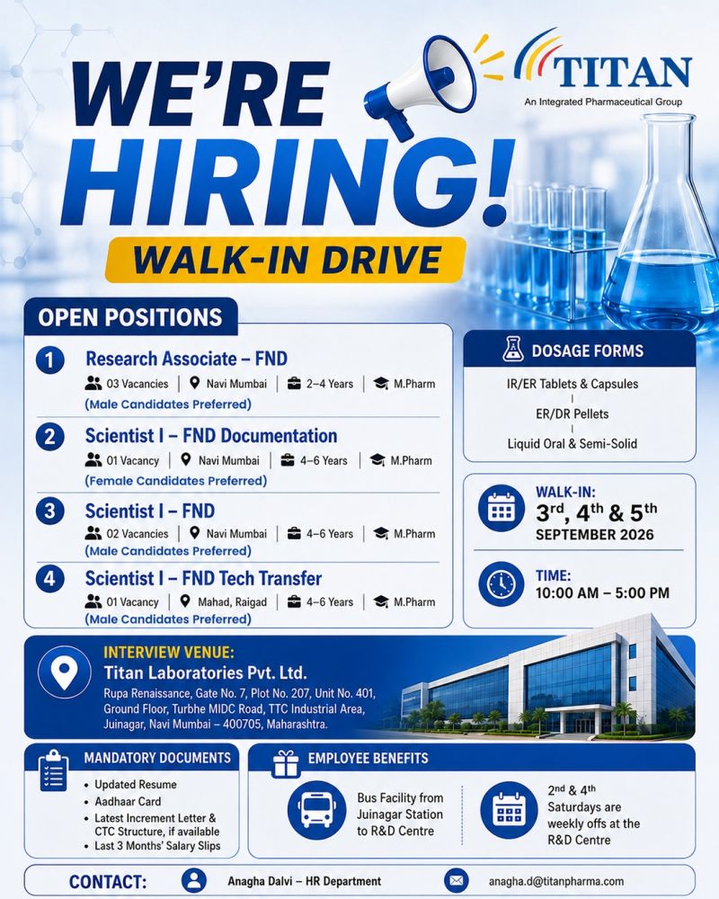 Titan Laboratories Walk-In Interview – R&D Jobs for M.Pharm