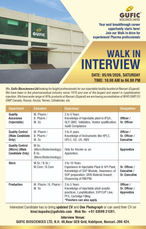 Walk-In Interview at Gufic Biosciences Ltd., Navsari, Gujarat