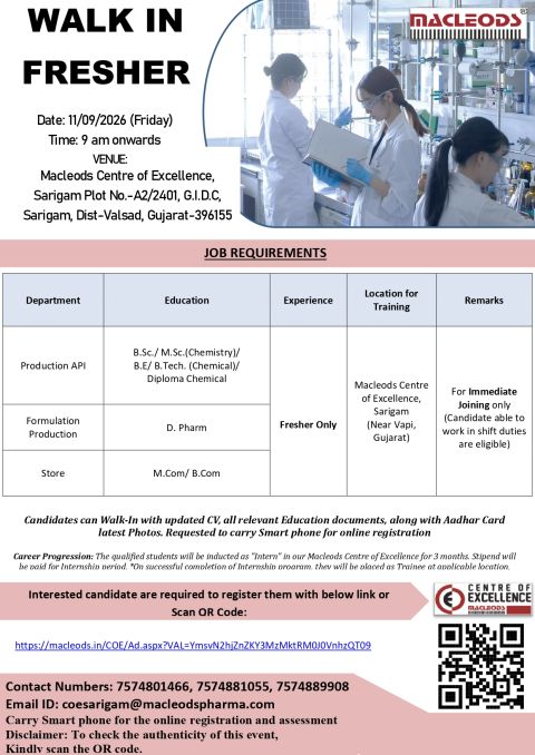 Macleods Pharmaceuticals Walk-In Interview for Freshers Jobs Macleods Pharmaceuticals Walk-In Interview for Freshers Jobs