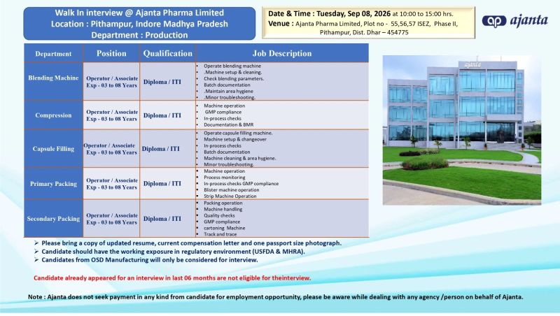 Ajanta Pharma Walk-In Interview 2026 | Production Jobs Ajanta Pharma Walk-In Interview 2026 | Production Jobs