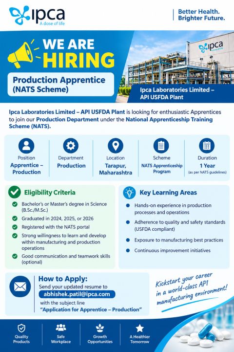 Ipca Laboratories Hiring for Production Apprentice – NATS