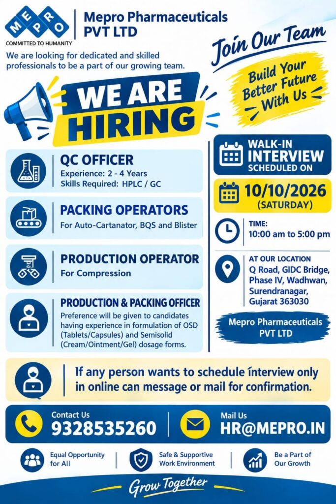 Mepro Pharmaceuticals Hiring 2026 – QC, Production & Packing Jobs