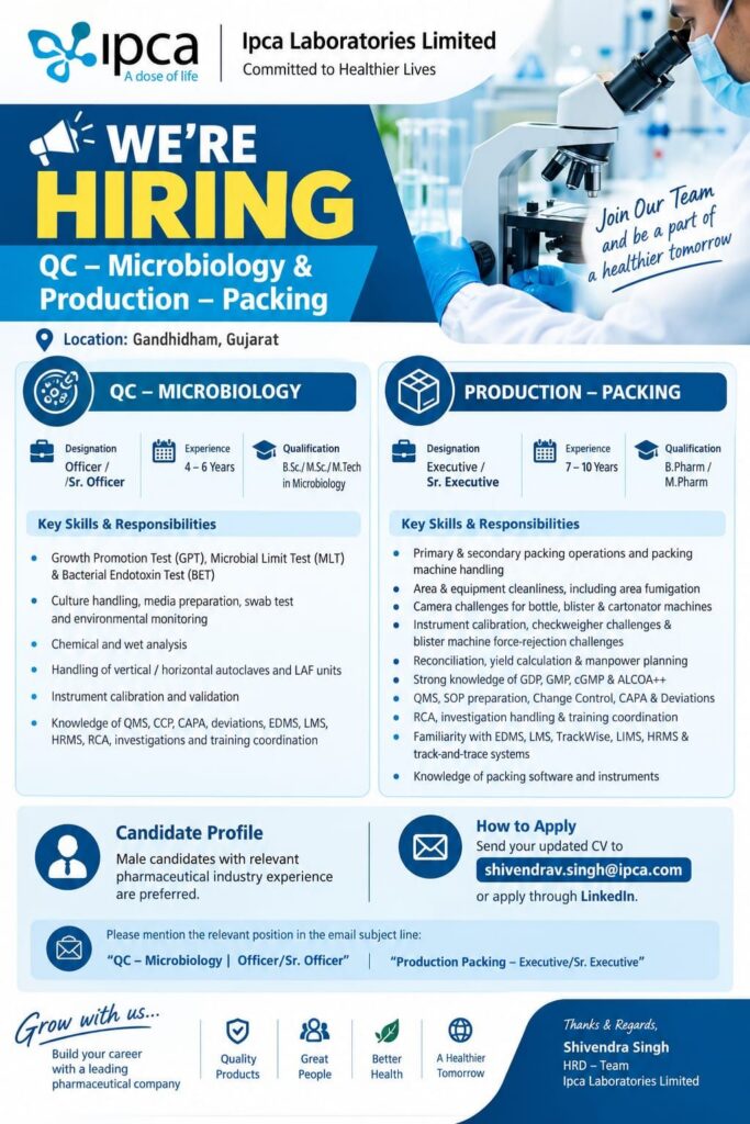 Ipca Laboratories Hiring | QC Microbiology & Production Packing Jobs