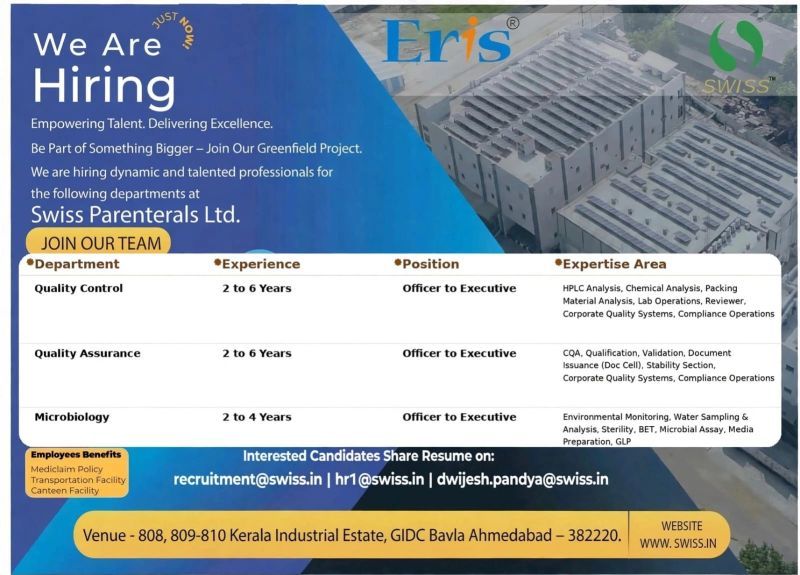Swiss Parenterals Limited (Eris Group) Hiring 2026