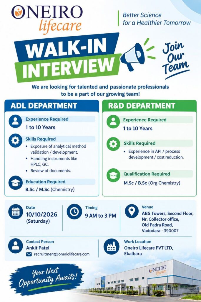 Oneiro Lifecare Walk-In Interview 2026 – ADL & R&D Jobs
