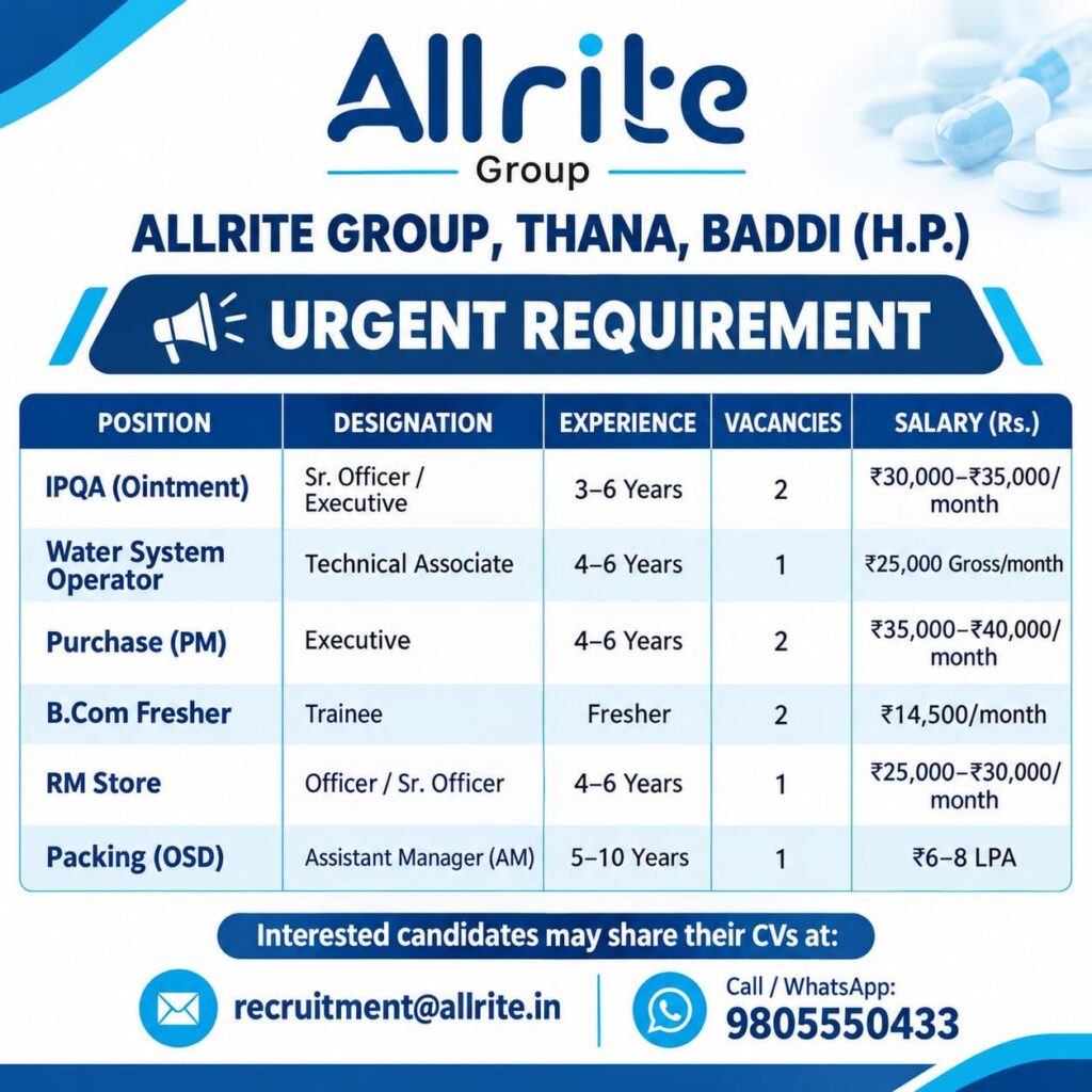 Allrite Group Hiring 2026 | Urgent Pharma Jobs