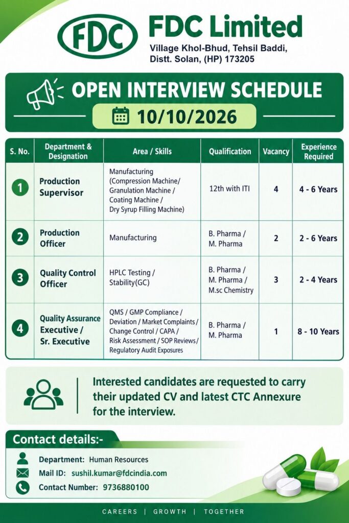 FDC Limited Recruitment 2026: Open Interview