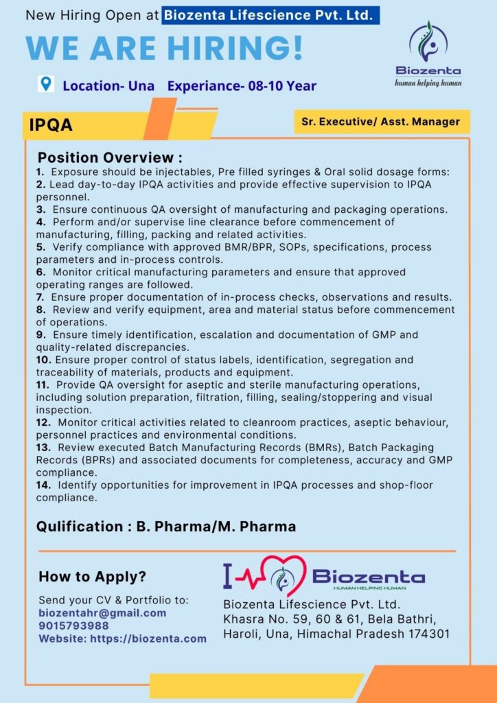 Biozenta Lifescience Jobs | QA, IPQA, QMS & Qualification Jobs