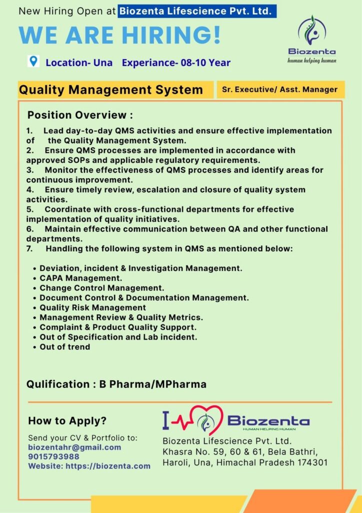 Biozenta Lifescience Jobs | QA, IPQA, QMS & Qualification Jobs