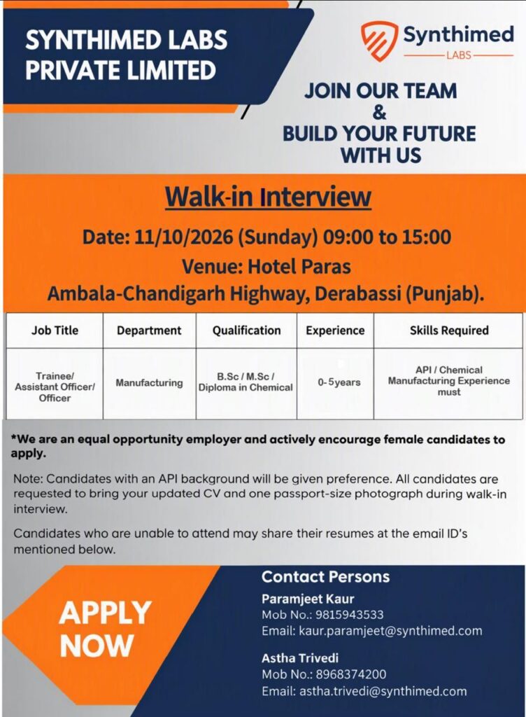 Synthimed Labs Private Limited Walk-in Interview 2026