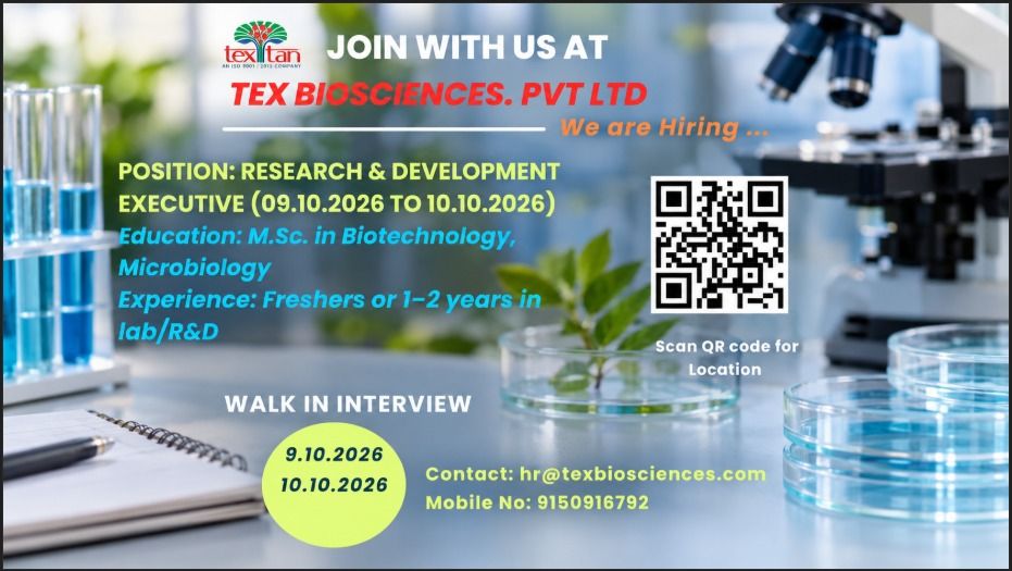 Tex Biosciences Pvt. Ltd. Hiring for Research & Development Executive