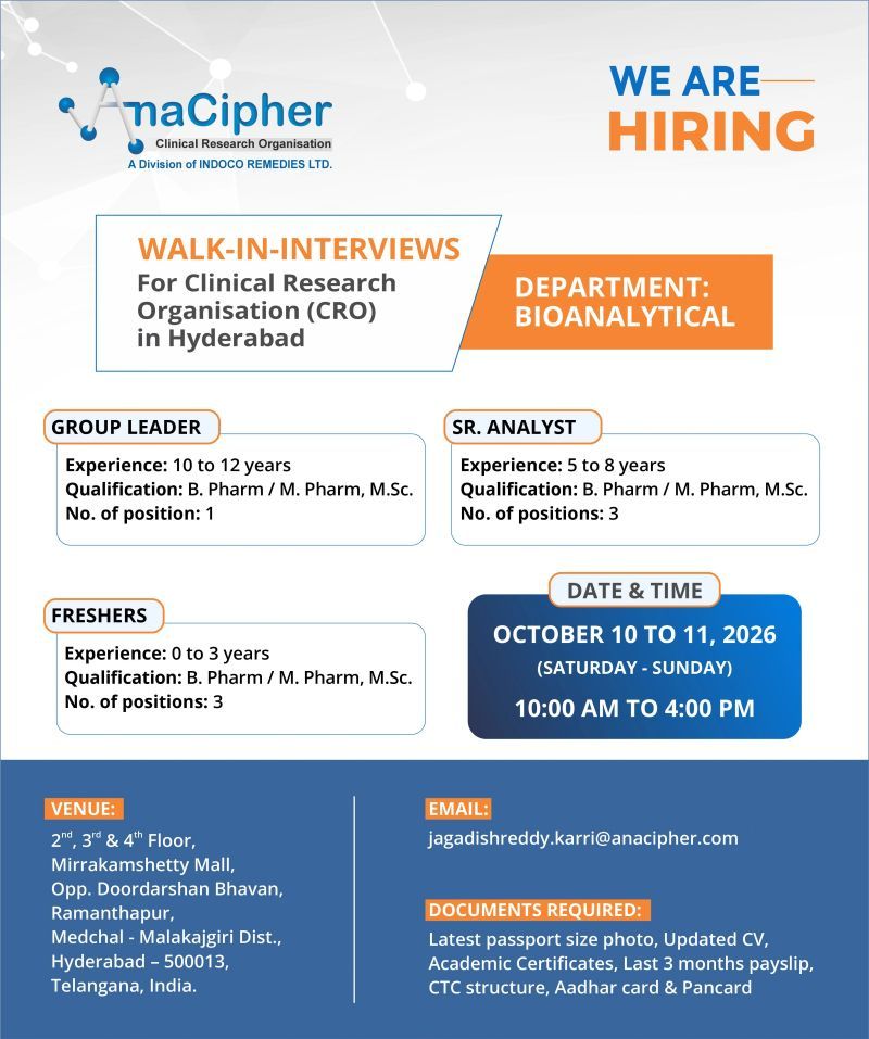 AnaCipher CRO Recruitment 2026|Hyderabad Jobs