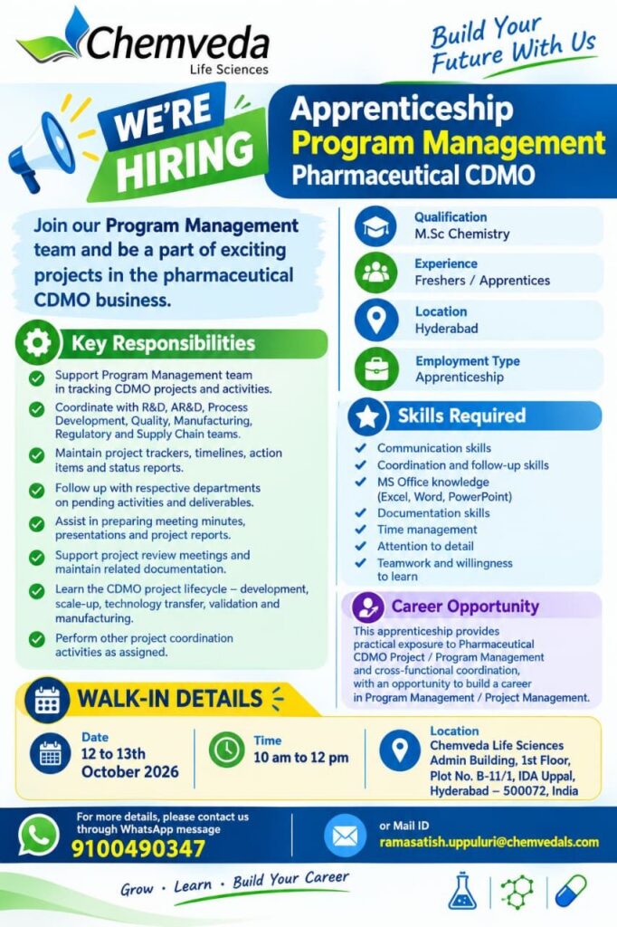 Chemveda Life Sciences Apprenticeship Recruitment 2026