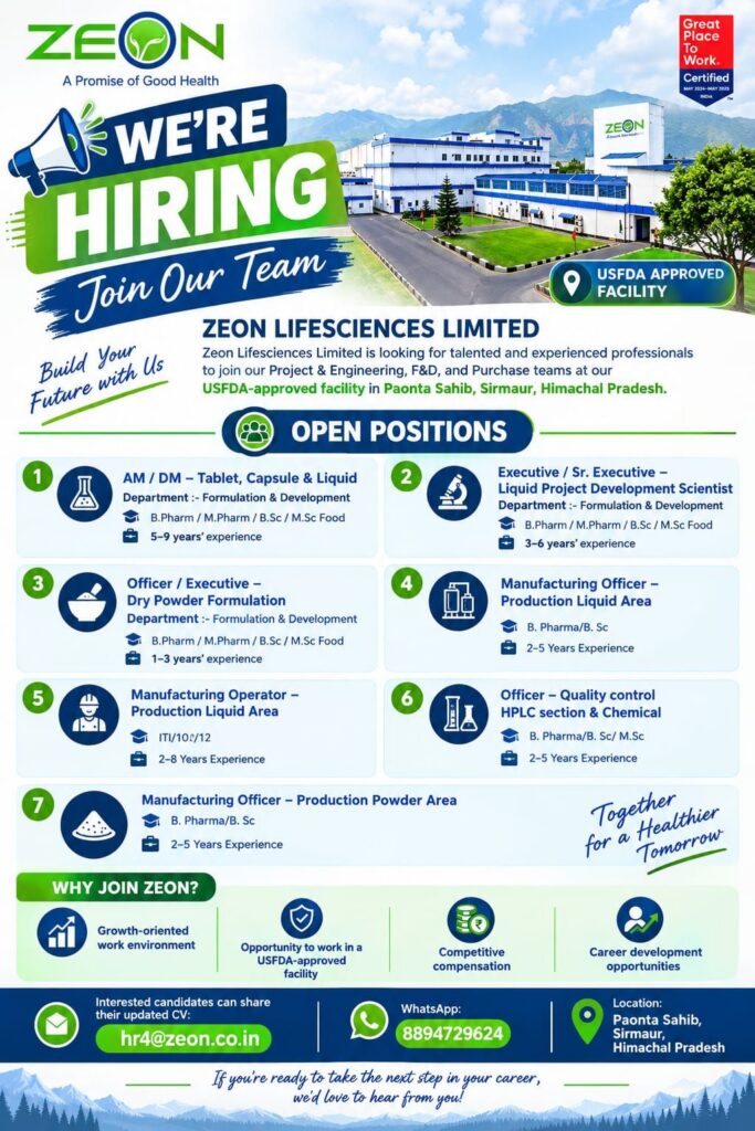 Zeon Lifesciences Limited Recruitment 2026