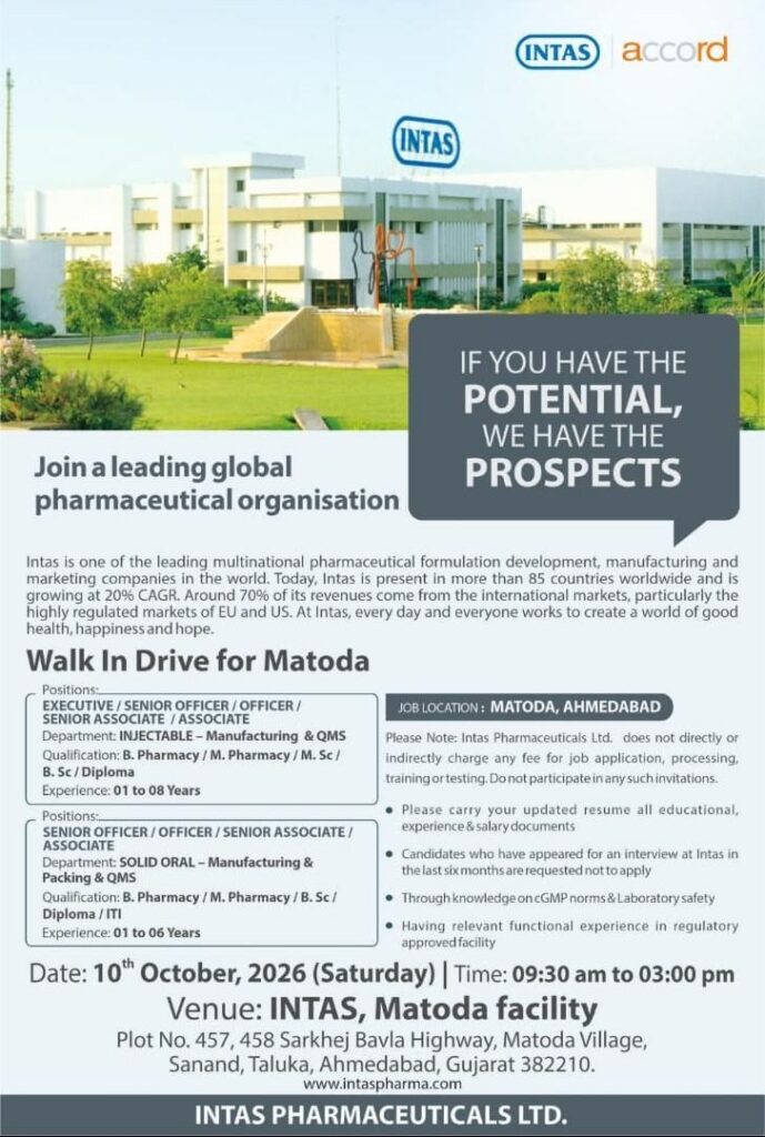 Intas Pharmaceuticals Ltd. Walk-In Interview for Manufacturing & QMS Jobs