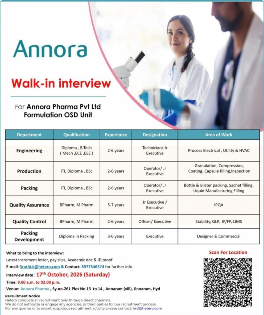 Annora Pharma Walk-In Interview 2026 – Multiple Job Vacancies in Hyderabad