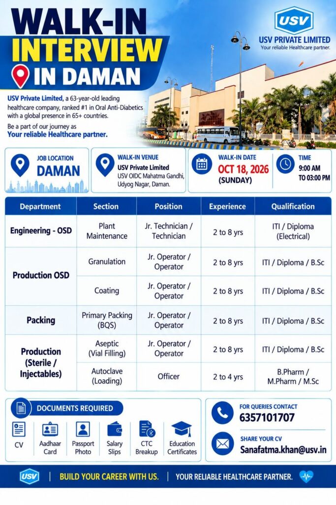 USV Private Limited Walk-In Interview 2026 in Daman