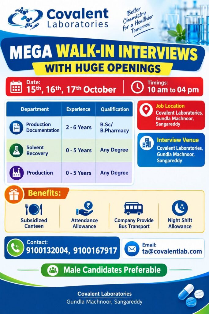 Covalent Laboratories Walk-In Interview - Production & Solvent Recovery Jobs