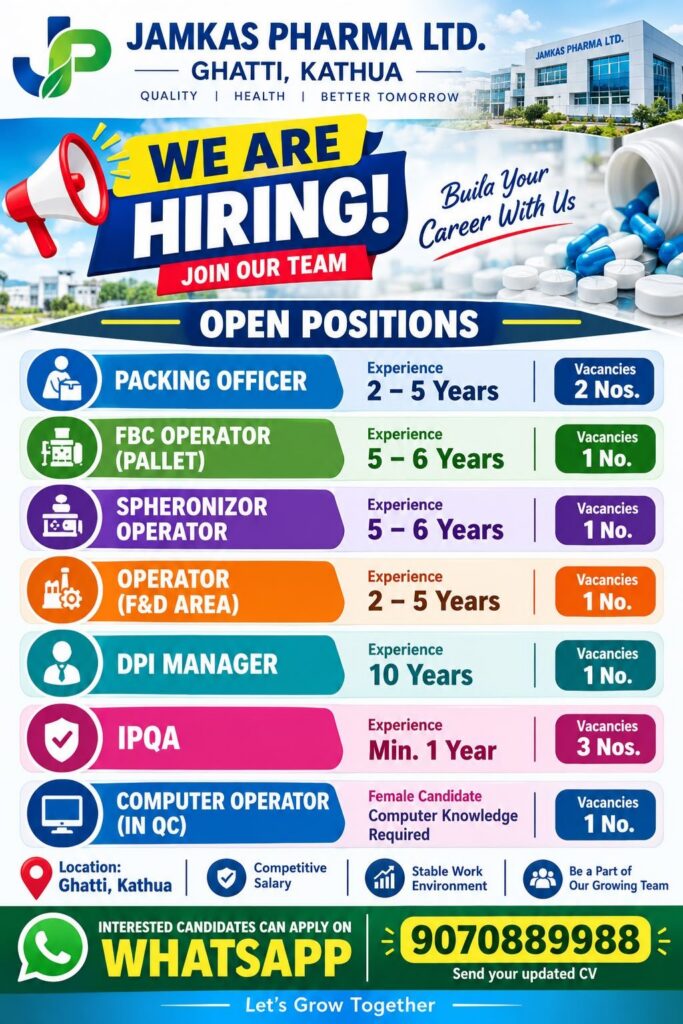 Jamkas Pharma Ltd. Recruitment 2026: Multiple Job Openings in Kathua, Jammu