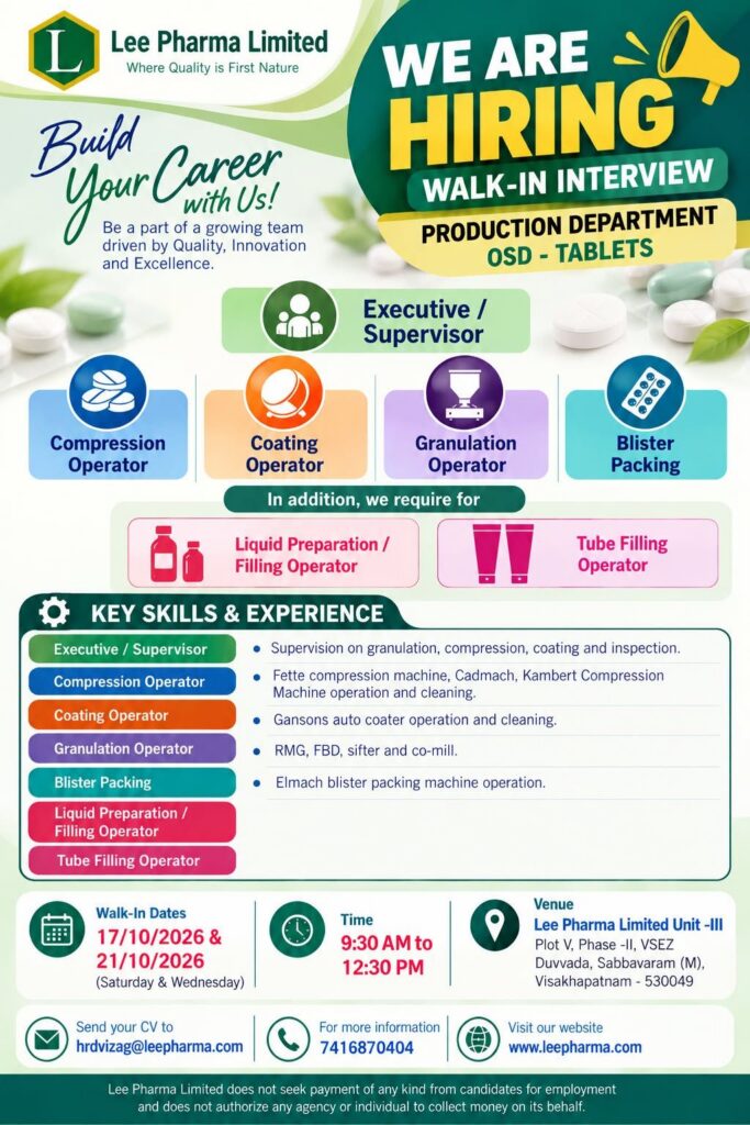 Lee Pharma Limited Recruitment 2026: Walk-In Interview