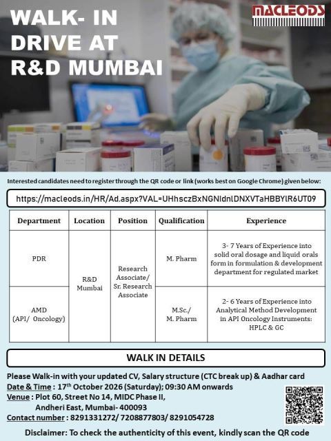 Macleods Pharmaceuticals Recruitment 2026: Walk-In Drive