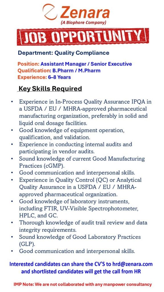 Zenara (A Biophore Company) Recruitment 2026: Assistant Manager / Senior Executive – Quality Compliance