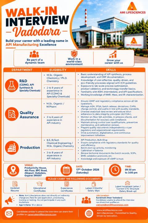Ami Lifesciences Recruitment 2026 | R&D, Quality Assurance & Production Jobs