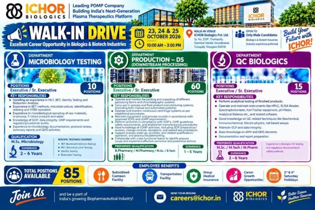 Ichor Biologics Walk-In Drive 2026: 85 Vacancies