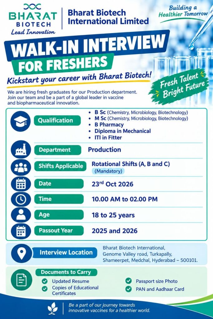 Bharat Biotech Walk-In Interview 2026 for Freshers – Production Jobs in Hyderabad