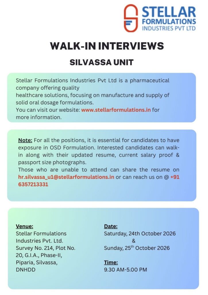 Stellar Formulations Industries Pvt. Ltd. Recruitment 2026