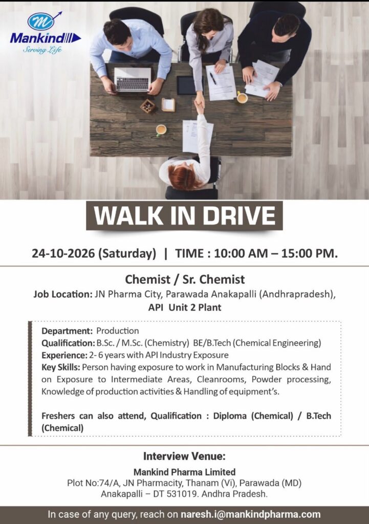 Mankind Pharma Walk-In Interview 2026 | Chemist / Senior Chemist – Production